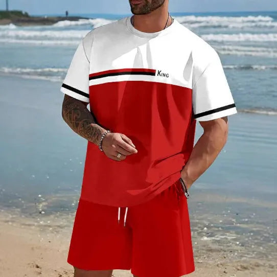 Men's loose-fit short-sleeved T-shirt and matching shorts in polyester summer leisure suit