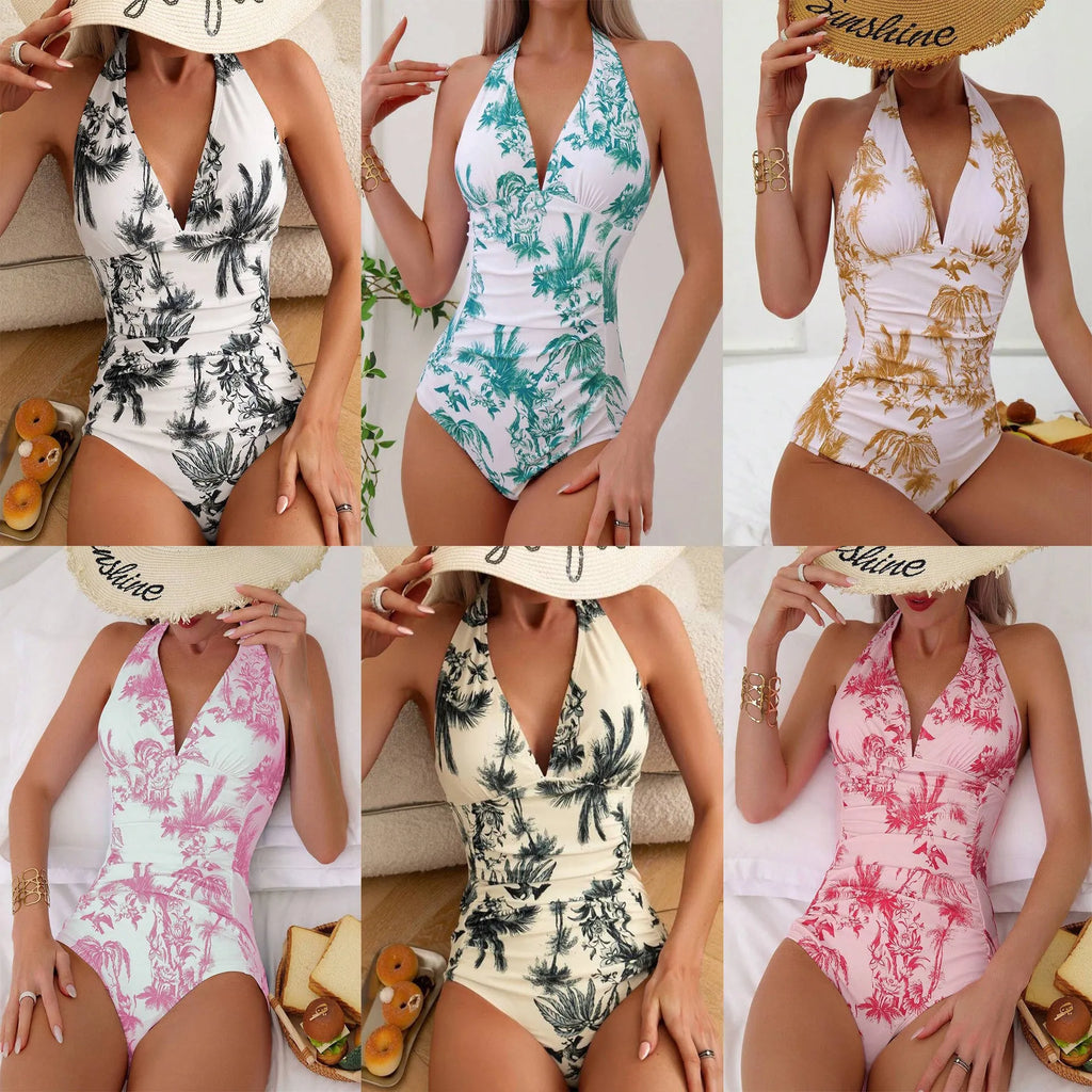 Women's printed V-neck one-piece swimsuit showing colour options including apricot, black coconut tree and emerald