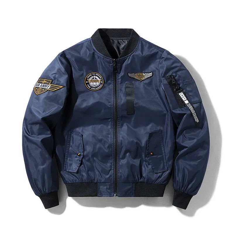 Men's flight suit pilot baseball jacket in army green with zipper pockets, front view