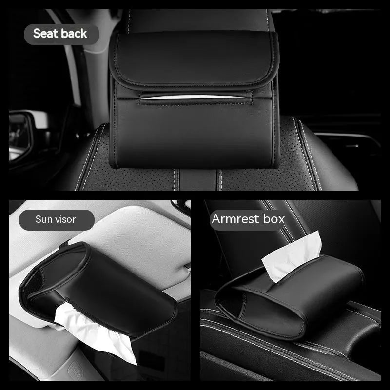 Leather car tissue box holder with elastic bands for installation on vehicle sun visors