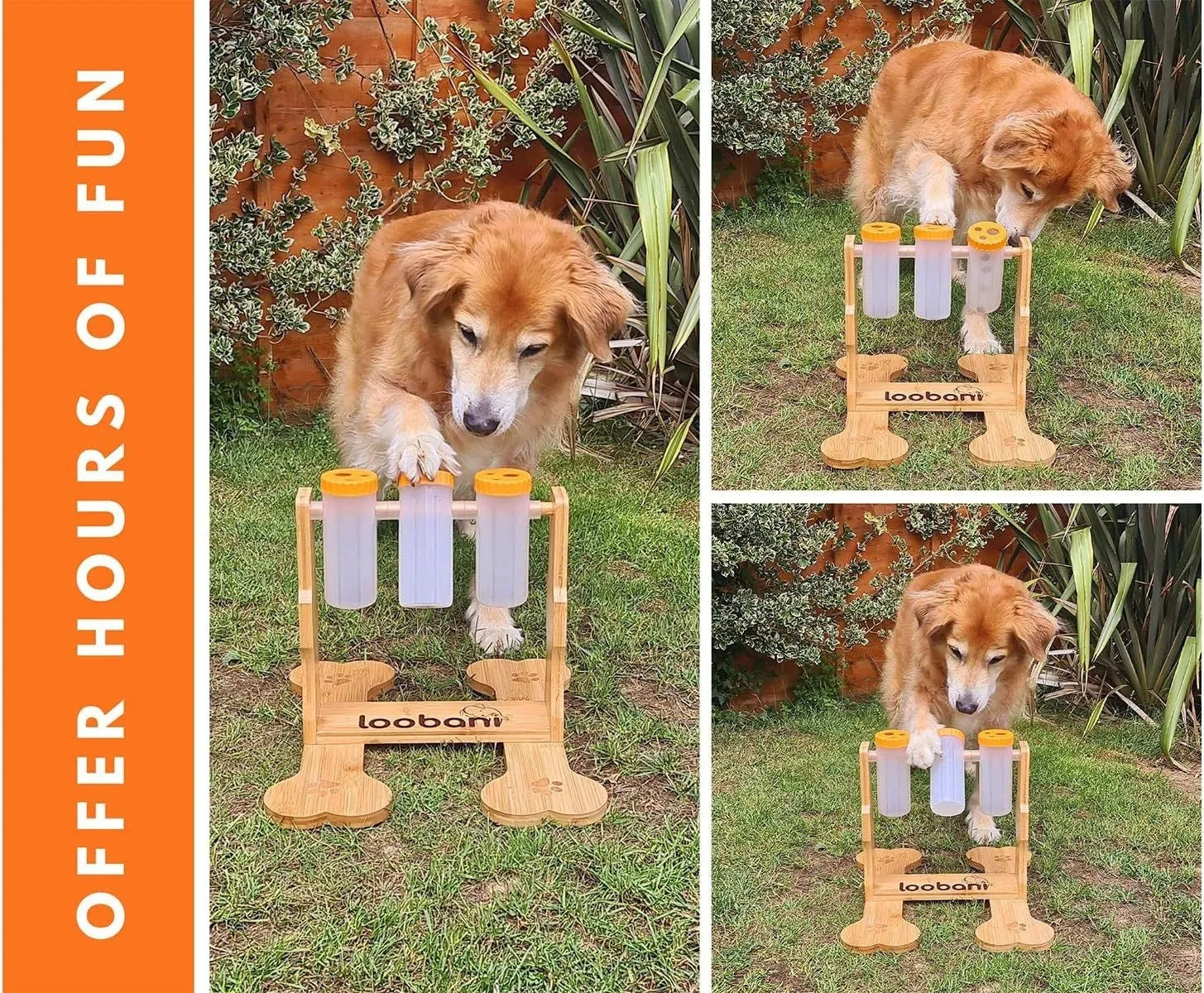 Wooden dog puzzle toy snack dispenser feeder with treat compartments.