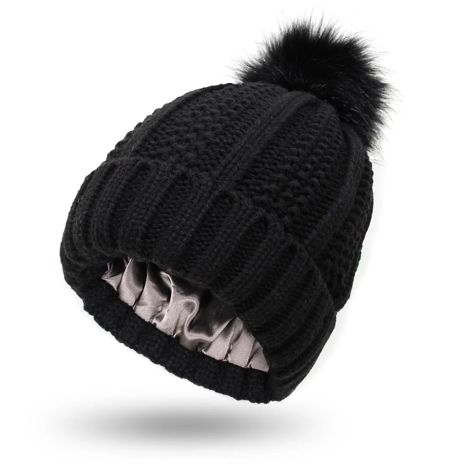 Women's satin lined wool beanie with faux fur pom pom in classic winter colours