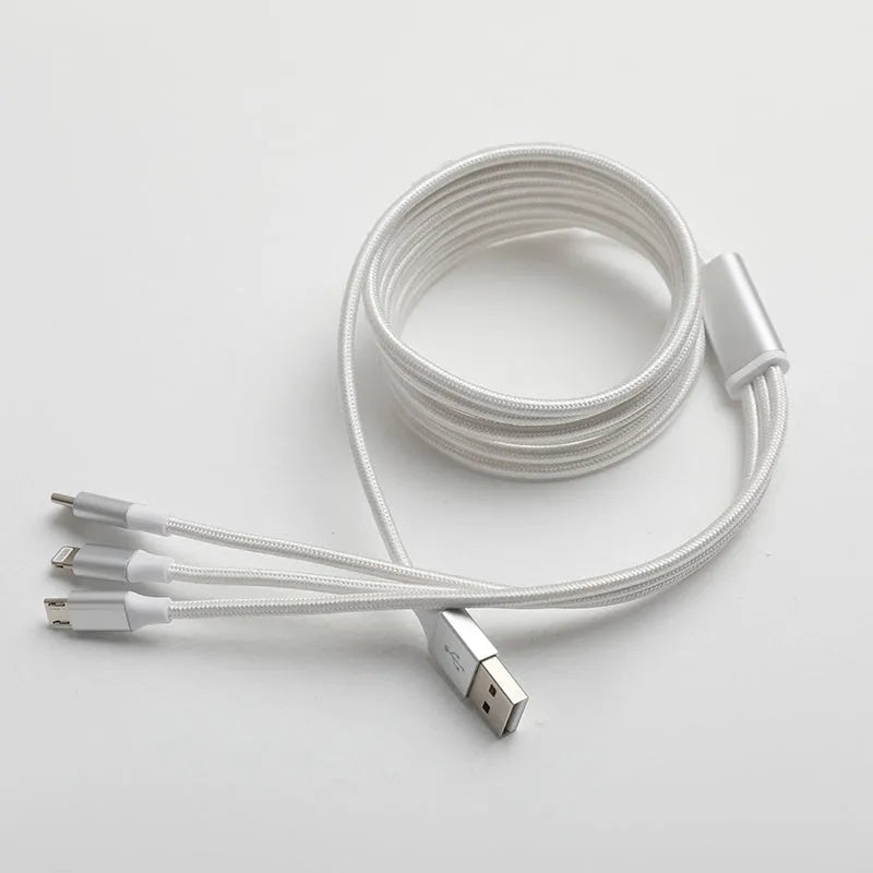 White Type-C three-in-one data cable 2 metres long with three charging heads and nylon braided outer layer