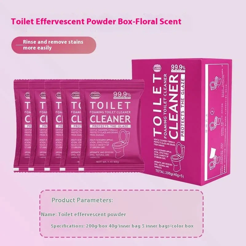 Toilet bubble powder descaler in blue ocean or pink floral fragrance, boxed 5x40g bags or 240g large bag.