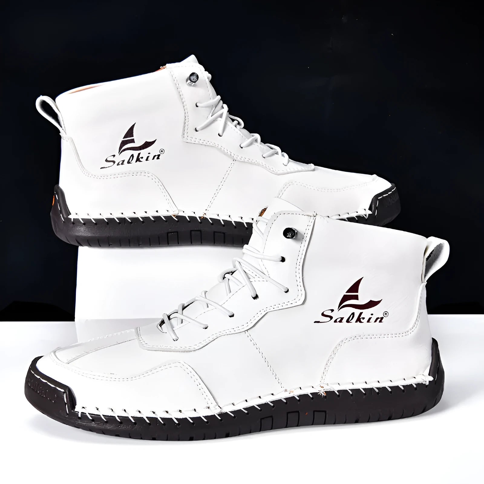 Retro high-top casual boots in artificial PU leather with a round toe and elastic band, shown in beige colour.