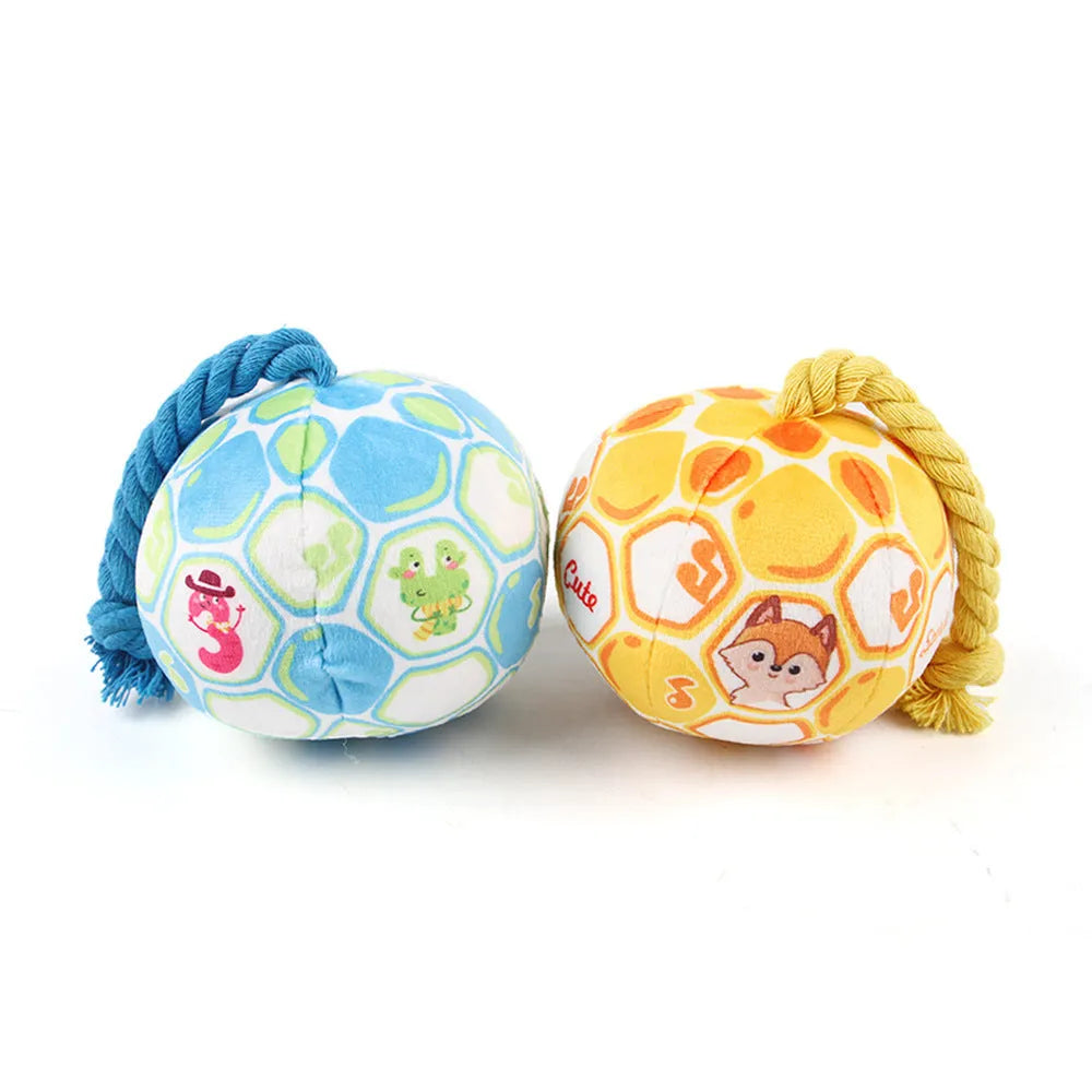 Blue and yellow elastic football dog tug toy with cotton rope construction for interactive play