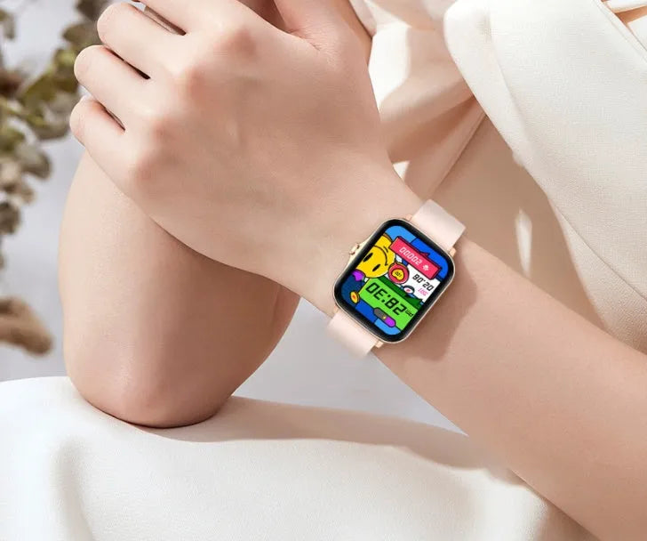 Smart watch with 1.7-inch colour touch screen showing fitness metrics on black strap