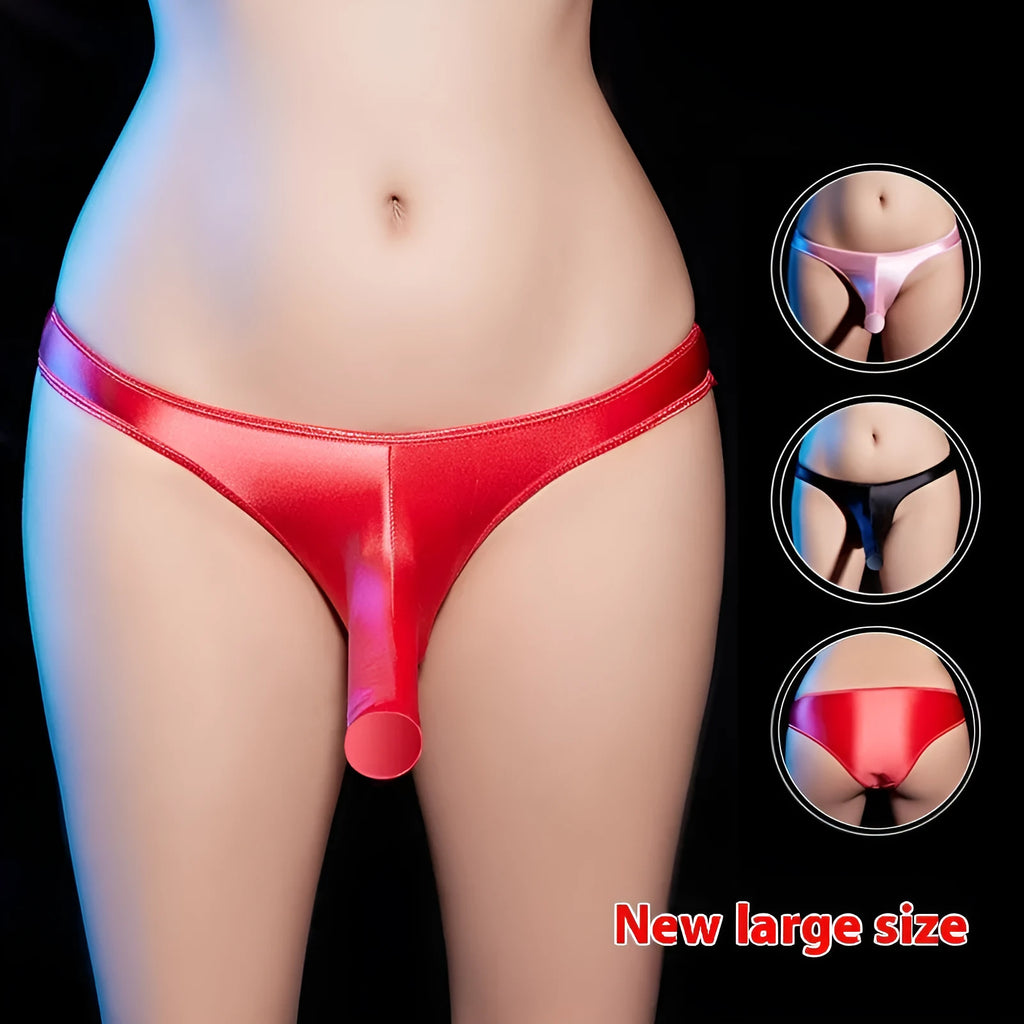 Men's shiny nylon low waist T-back underwear on white background