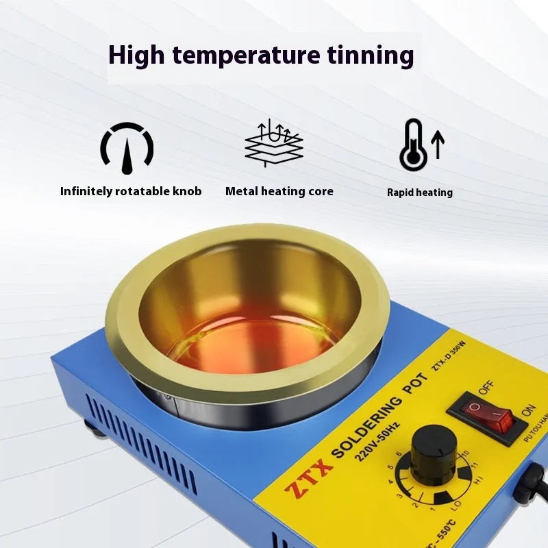 Desktop adjustable tin melting furnace with titanium-plated crucible and temperature dial.