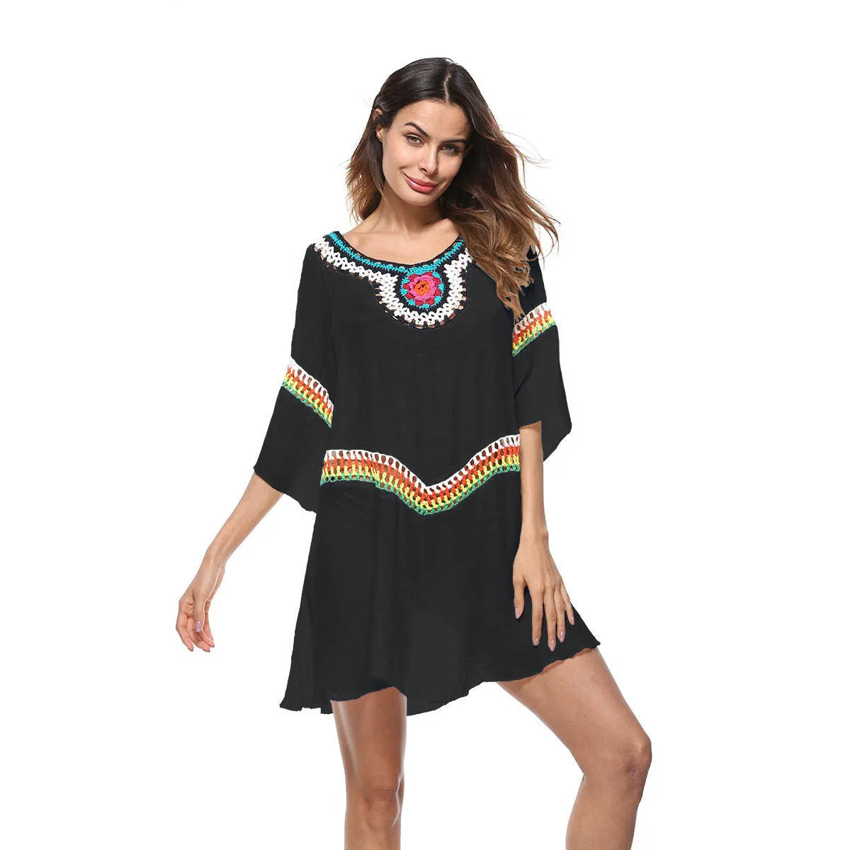 Crocheted ethnic style beach cover-up in polyester fabric for sun protection during swimming