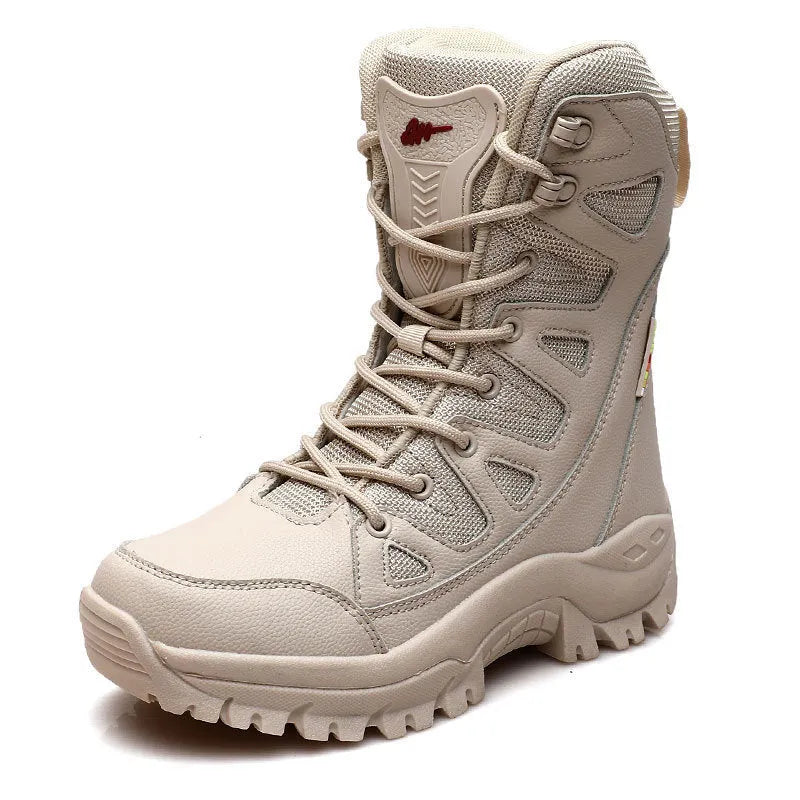 Men's cowhide hi-top hiking shoes in beige, a platform sneaker for outdoor climbing and camping.