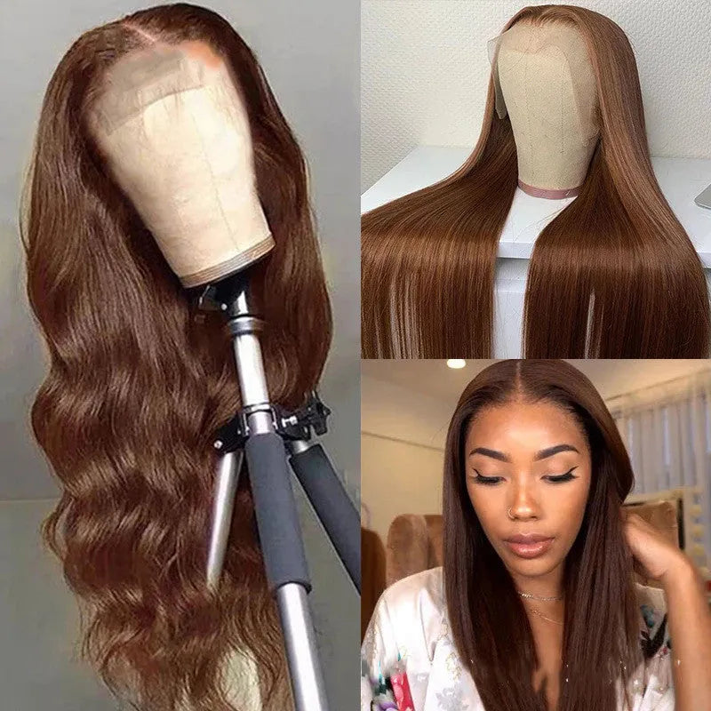 Brown human hair wig with 13x6 lace front and 150% density on a mannequin head