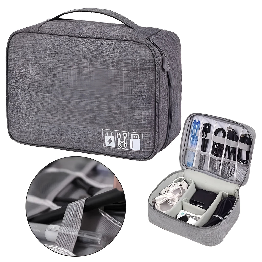 Black travel cable organiser bag open, showing mesh pockets, elastic loops, and removable padded dividers inside.