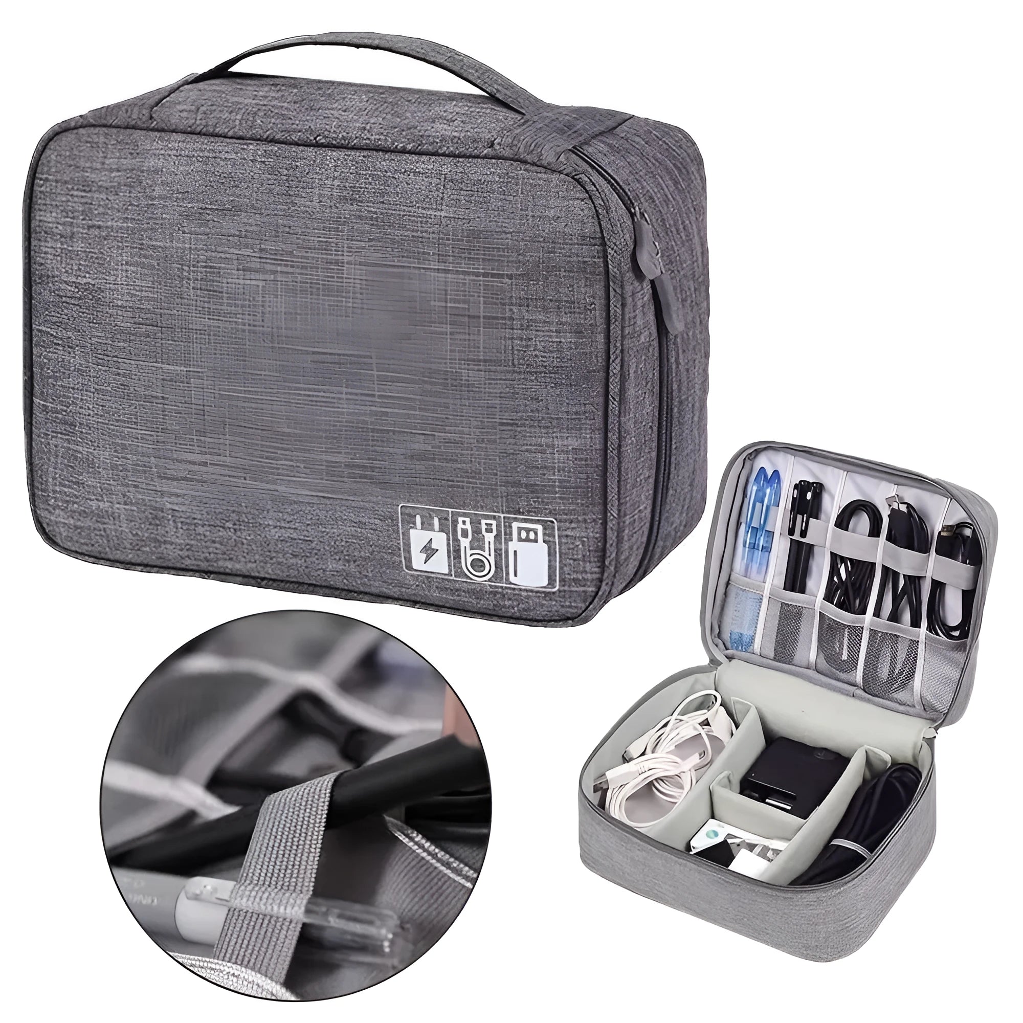 Black travel cable organiser bag open, showing mesh pockets, elastic loops, and removable padded dividers inside.