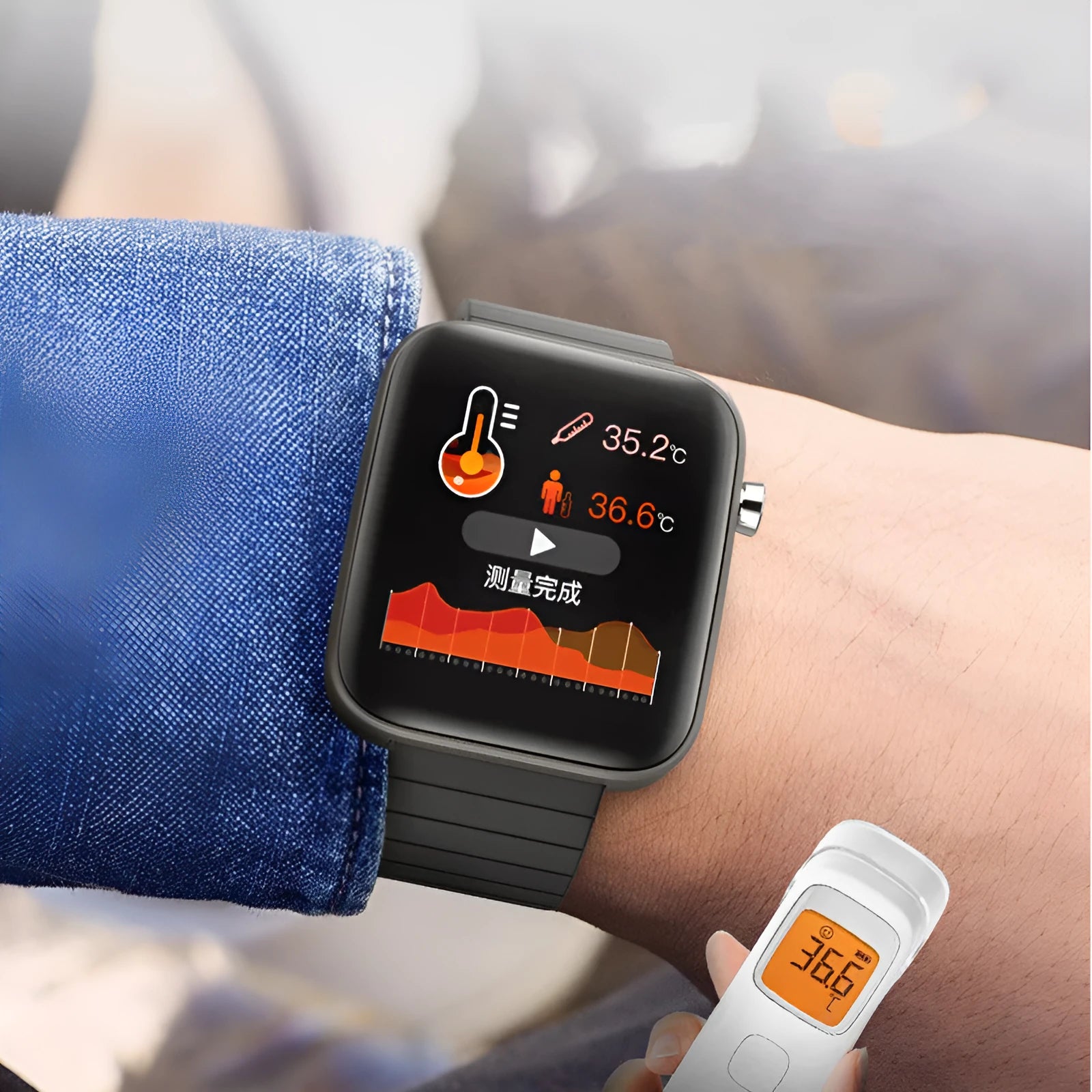 Smart bracelet with black wrist strap and 1.54-inch touch screen showing health data