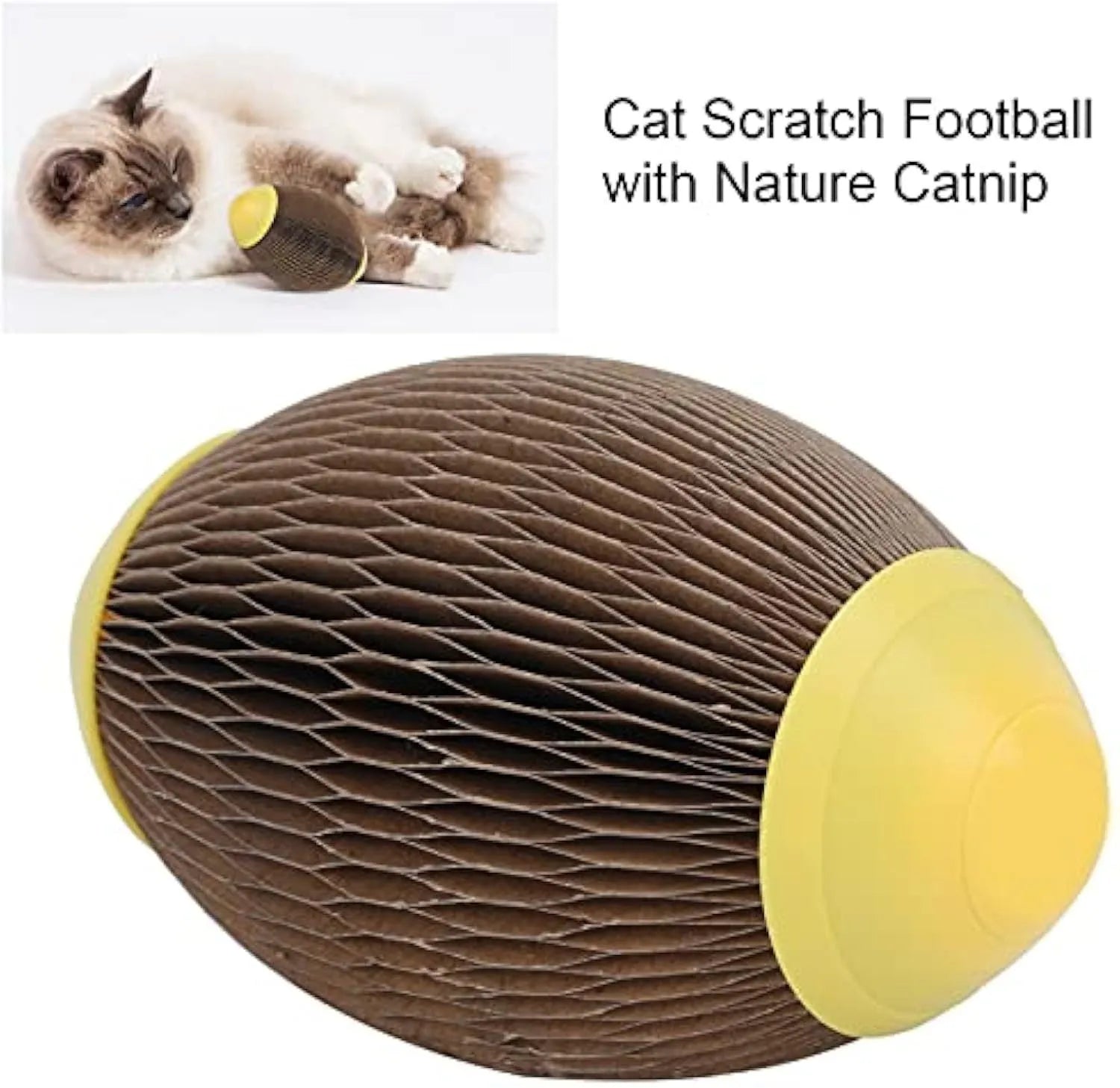 Elliptical corrugated paper catnip football toy with textured scratch surface