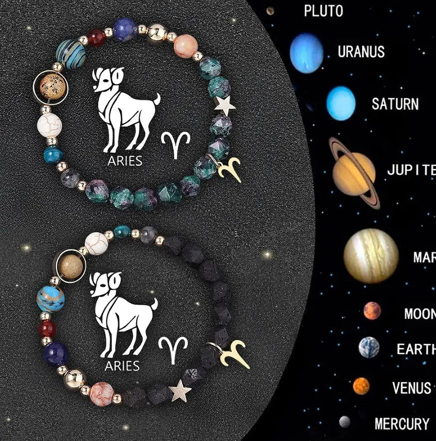Two natural stone beaded bracelets with metal zodiac sign charms on a white background.
