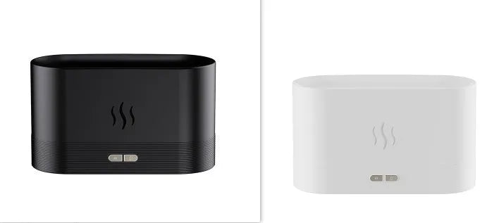 Square 180ml ultrasonic aroma diffuser with flame LED light in black, on a desk with visible mist