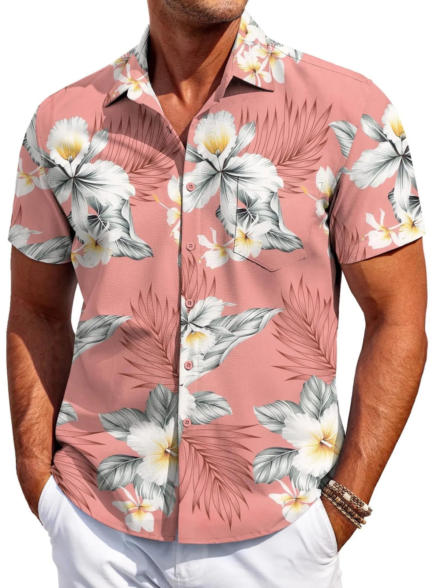 Men's slim fit Hawaiian short sleeve shirt in stretch polyester fabric showing colour options