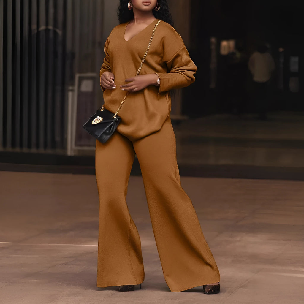 Women's brown suede velvet two-piece suit with split sleeves and matching trousers in Japanese casual style
