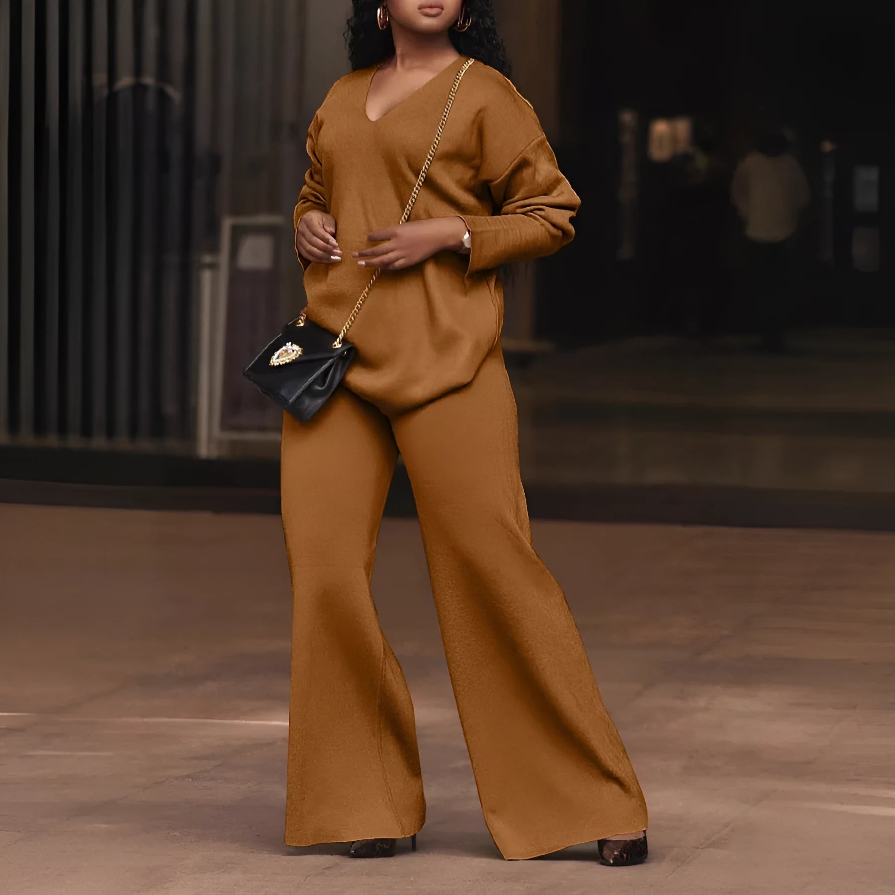 Women's brown suede velvet two-piece suit with split sleeves and matching trousers in Japanese casual style