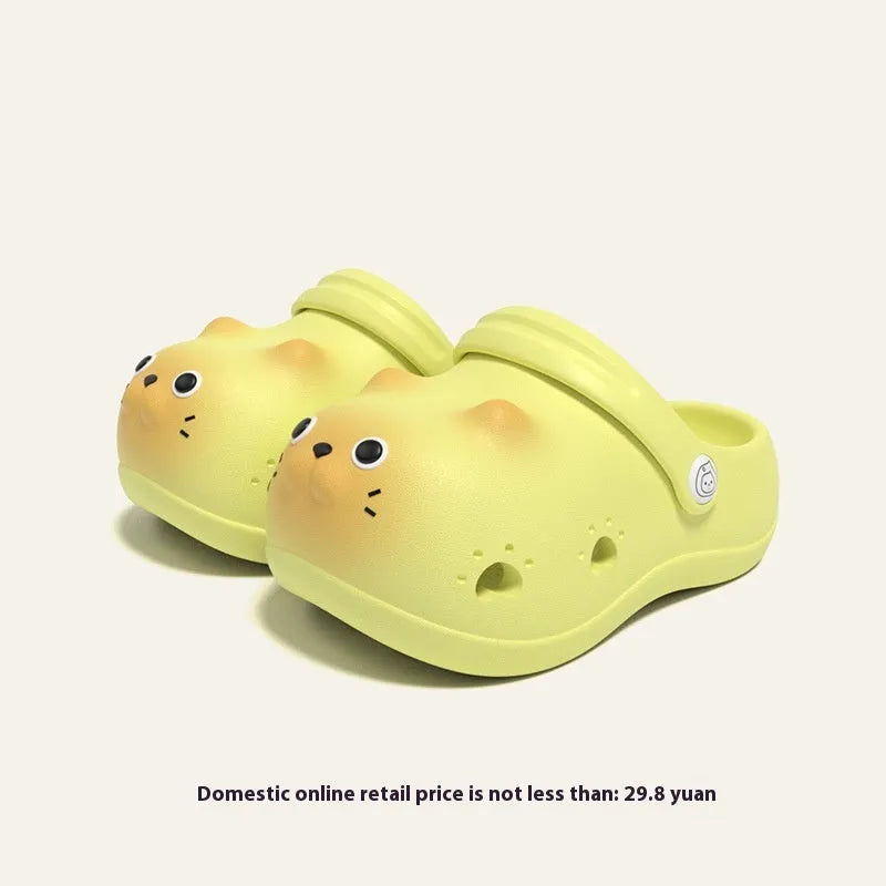 Children's closed toe slippers in grey brown, pink, and yellow, EVA foam, cartoon paradise style, sizes 130 to 180