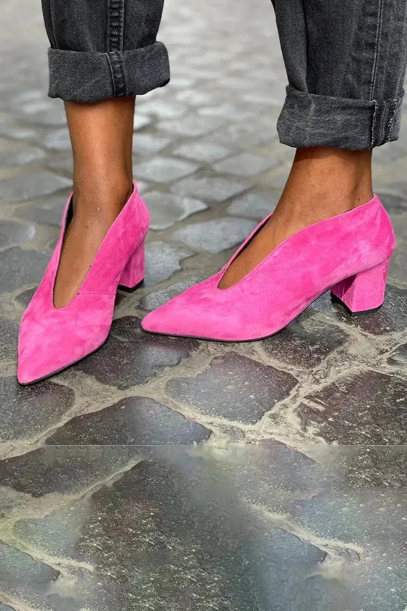 Women's fashion suede pointed-toe slip-on stiletto heel shoes in pink with rubber sole and shallow mouth design