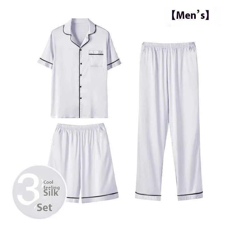 Men's ice silk three-piece home wear set showing shorts and trousers in a choice of colours.