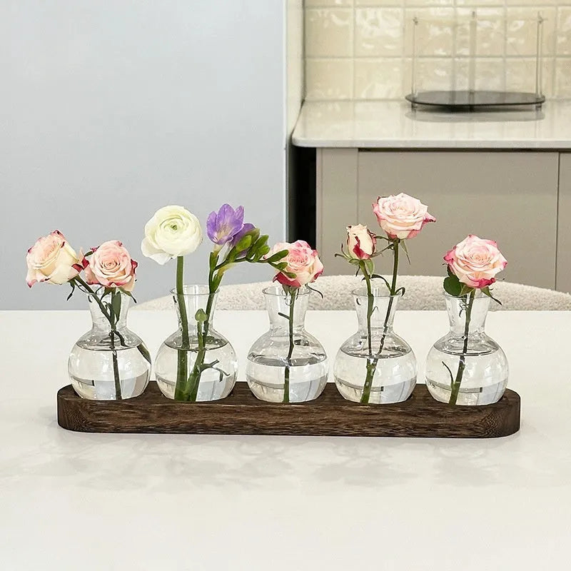Transparent hydroponic glass vase with wooden frame in wood colour and retro colour options