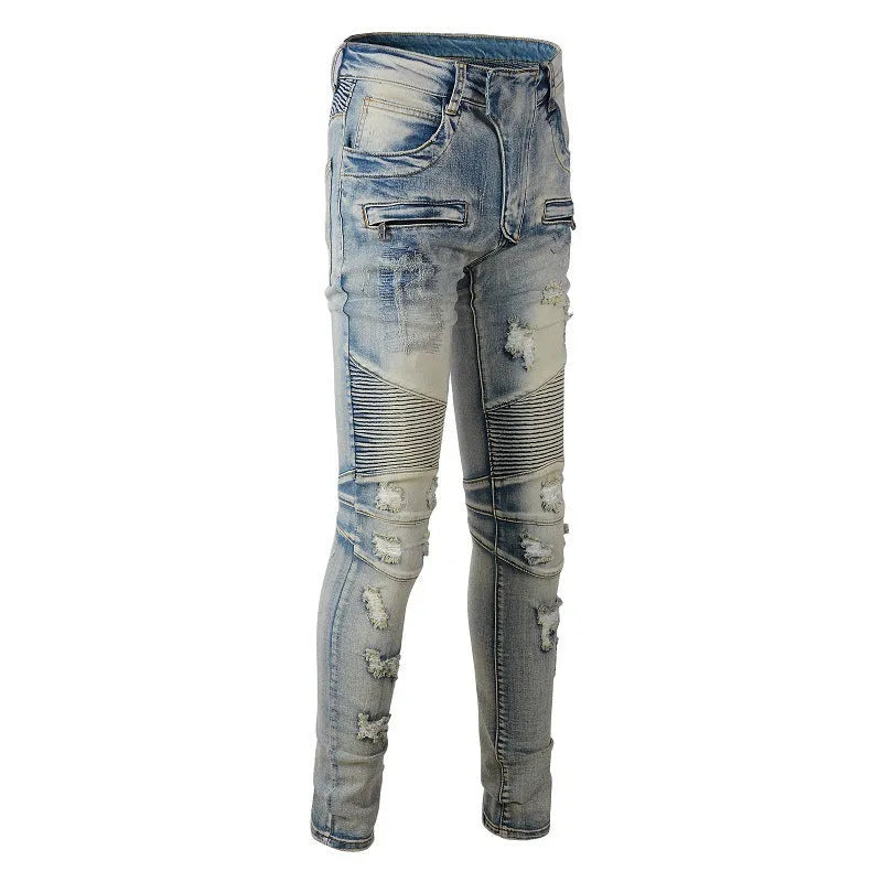 Light blue men's slim fit distressed jeans with hand-frayed details and a straight leg opening.