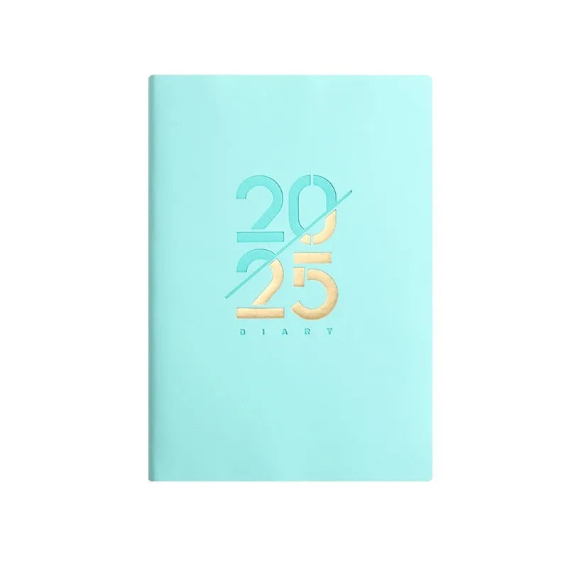2025 A5 daily planner with faux leather cover, open to show Dorian paper pages.