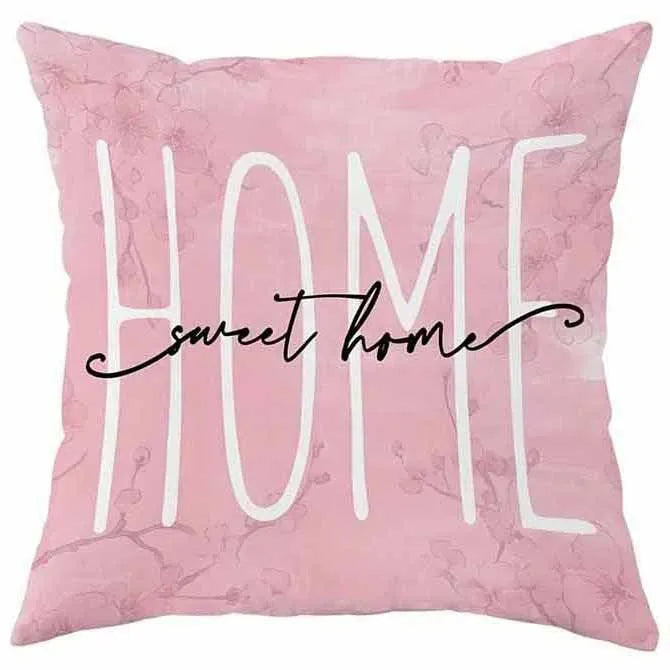 Square short velvet cushion cover with cherry blossom and letter print in 45cm size.