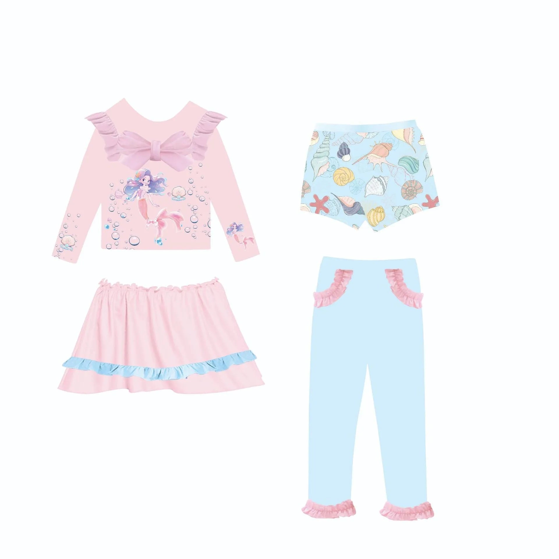 Girl's gilded mermaid swimsuit set in polyester with top, skirt, trousers, and shorts
