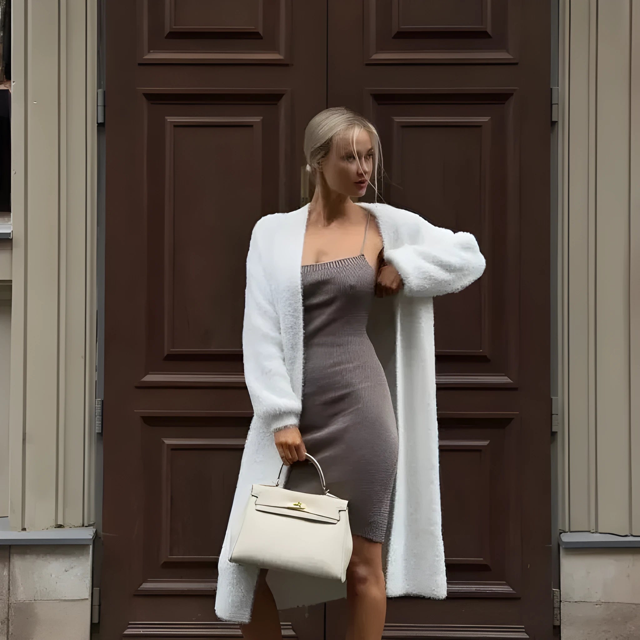 Long white women's cardigan jacket with loose fit and long sleeves.