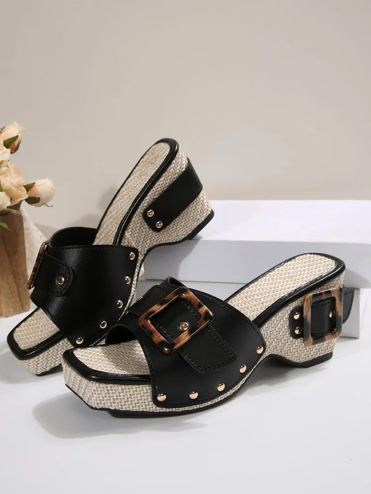 Plus size platform wedge sandals with square toe, rivet detail, and PU upper in black