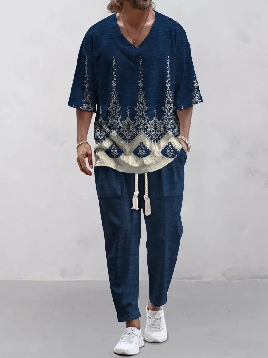 Men's cropped sleeve V-neck polyester suit in two-piece set with trousers