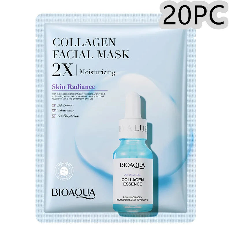 Single collagen hyaluronic acid facial sheet mask with 30g gel serum, shown on white background