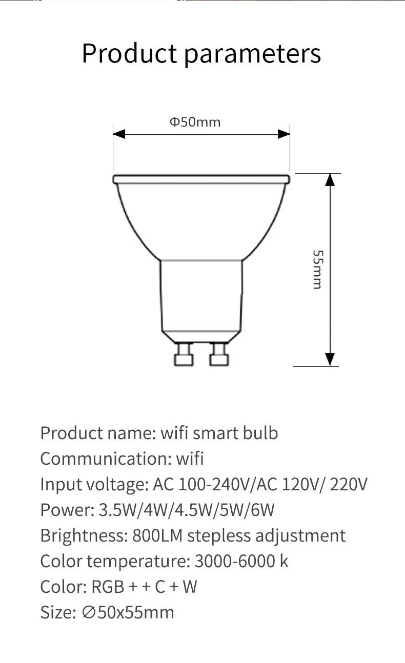 GU10 smart LED spotlight with WiFi connectivity and RGBCCT colour control