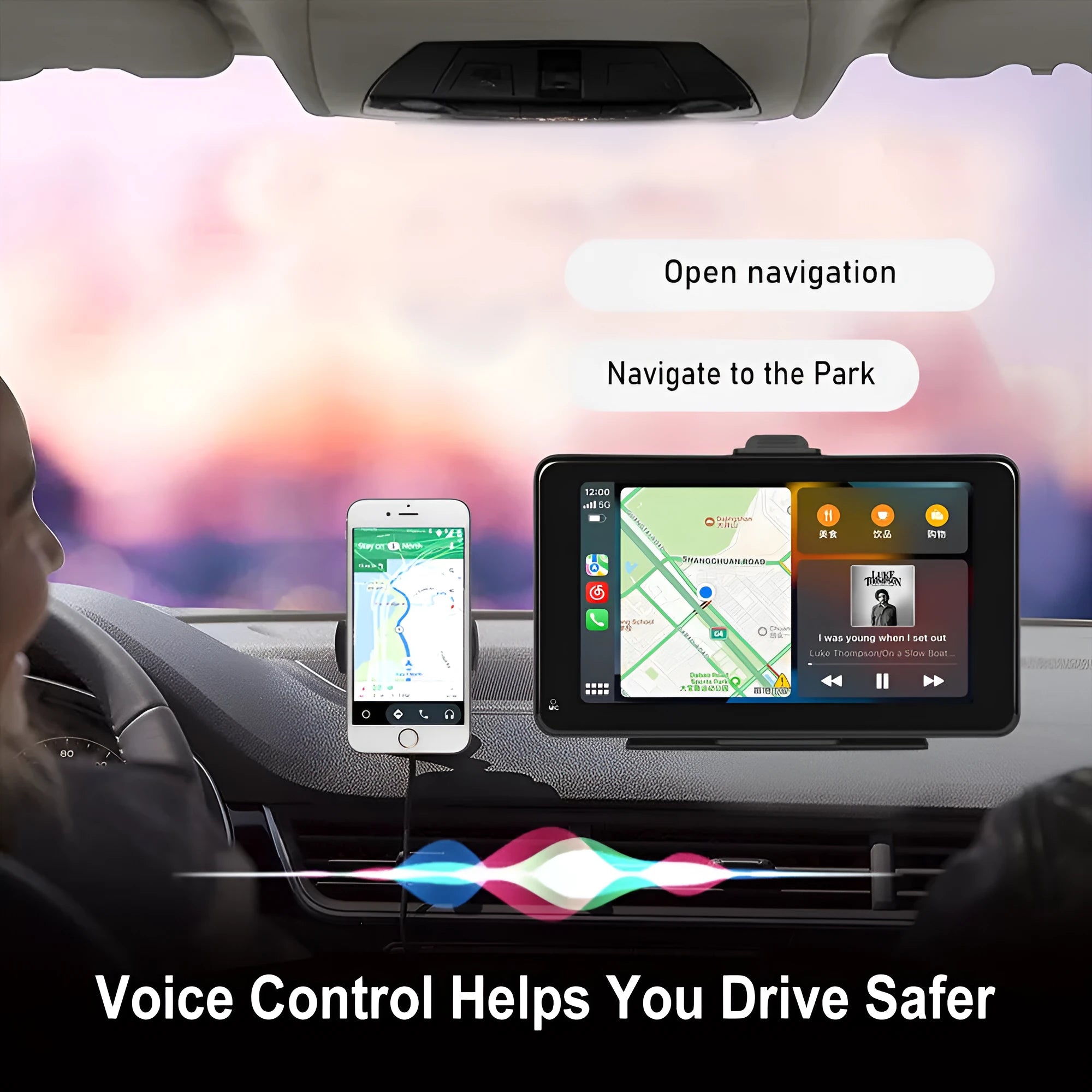 7inch HD wired car media player with suction cup mount and auxiliary cable on vehicle dashboard