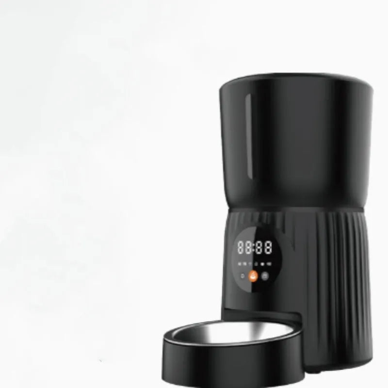 Black and white intelligent pet feeder with USB cable for automatic timing and quantitative remote feeding