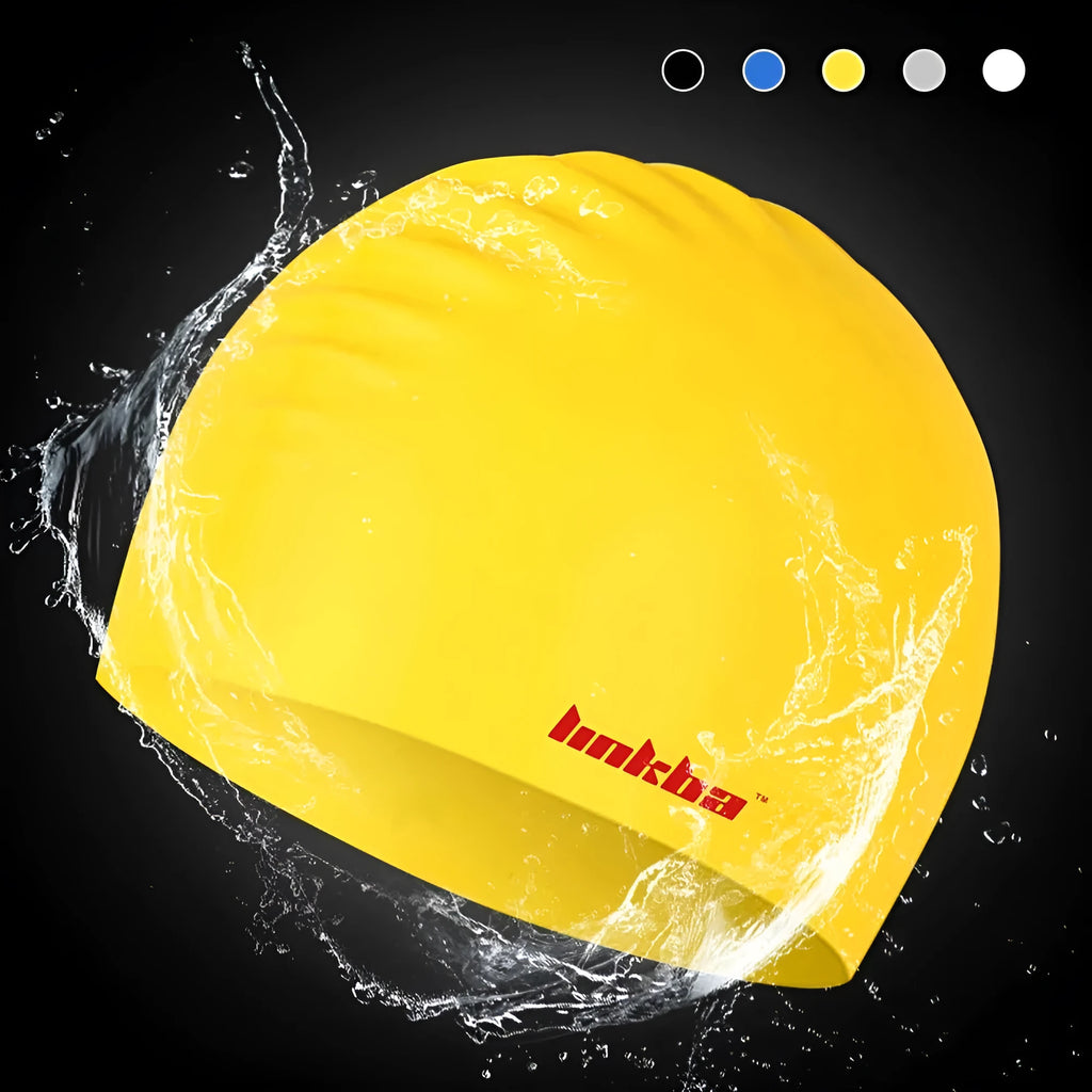 Silicone swimming cap with earmuff design and printed letters, shown in one of five colours: black, white, yellow, blue, or grey.