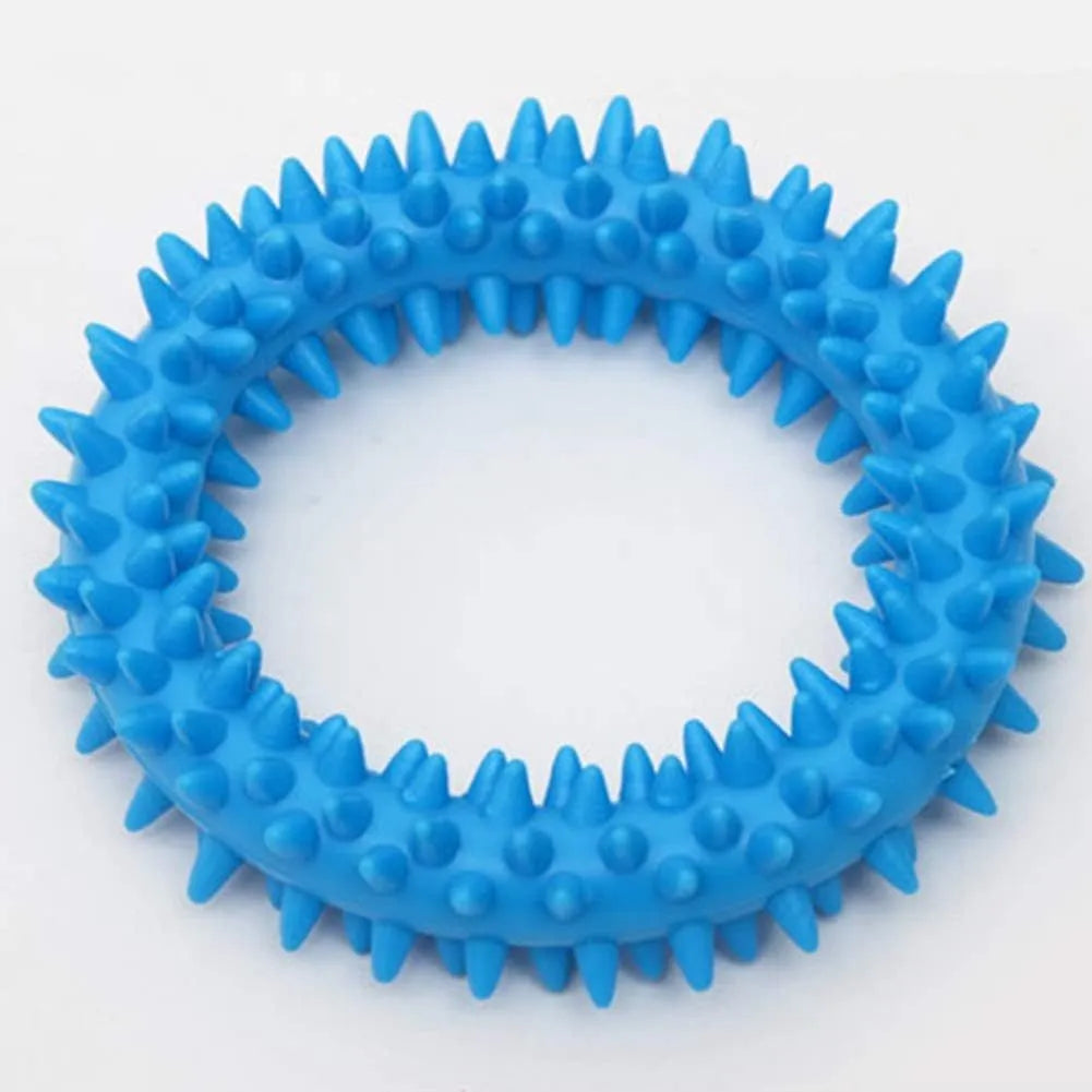 Blue spiked circle ring dog chew toy made from TPR for dental cleaning and bite training.