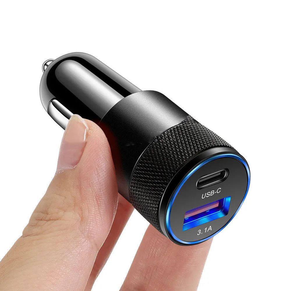 Compact aluminium alloy mobile phone car charger for 12V vehicles with black or black silver finish