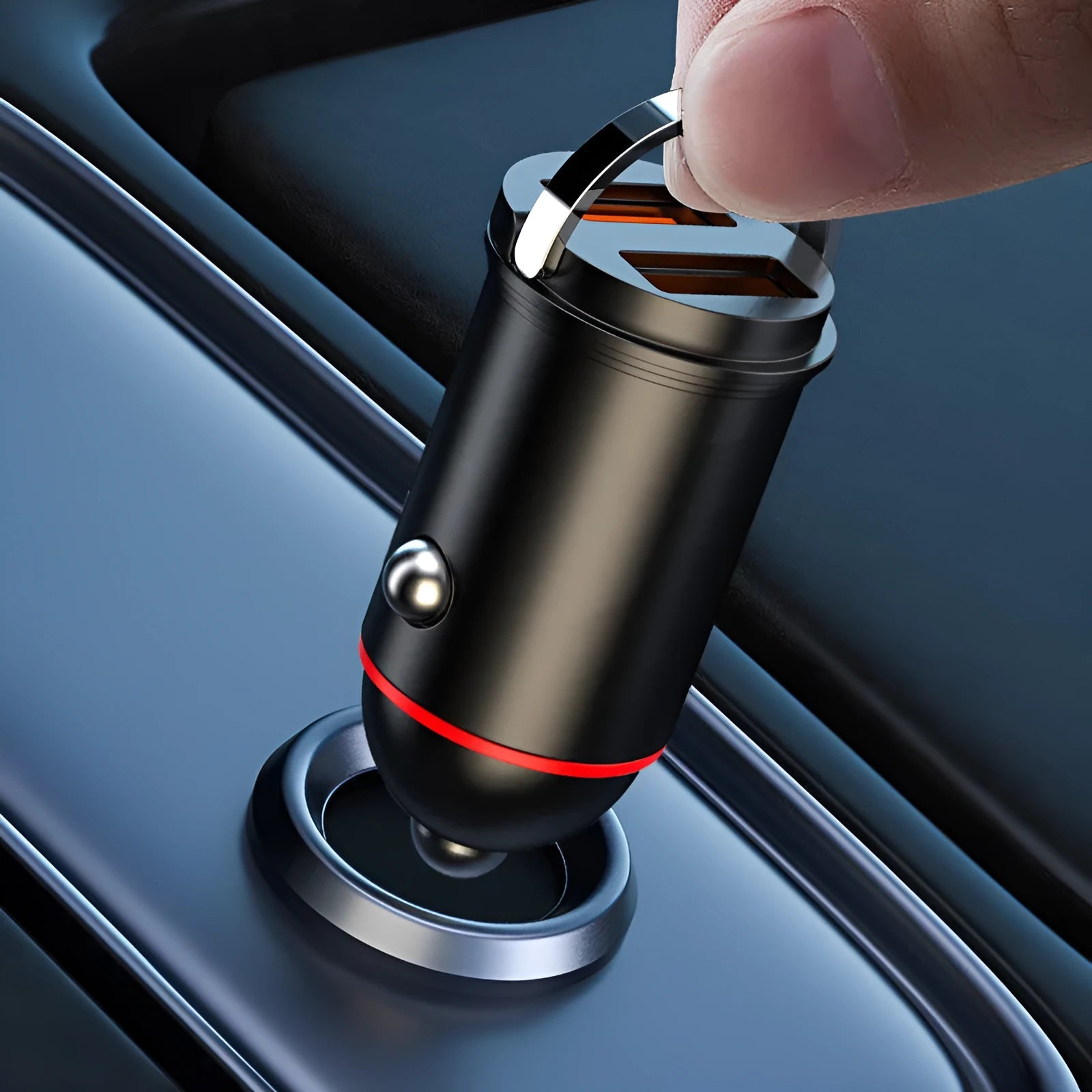 Black 200W car charger with zinc alloy housing showing USB port and compact 38mm dimensions