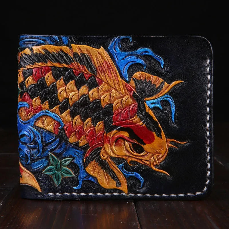 Men's hand-carved cow leather short wallet in red, blue, and gold colour options.