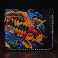 Men's hand-carved cow leather short wallet in red, blue, and gold colour options.