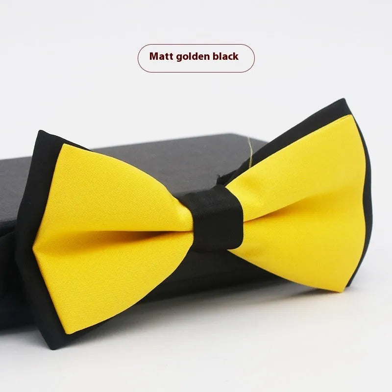 Men's flat head style polyester bow tie in a solid colour, shown with adjustable neck strap.