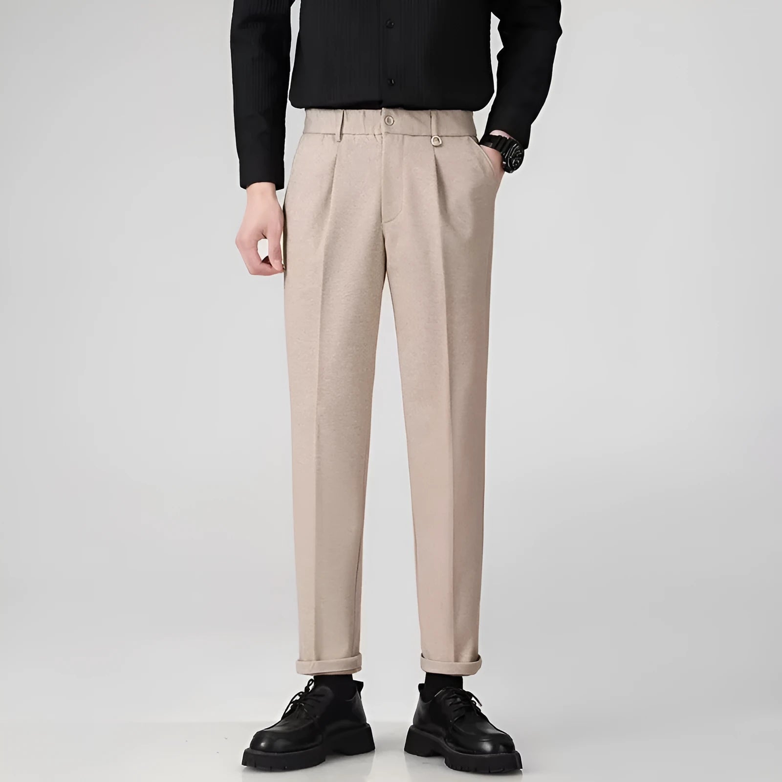 Men's straight-leg polyester trousers in a draped silhouette, shown in khaki colour.