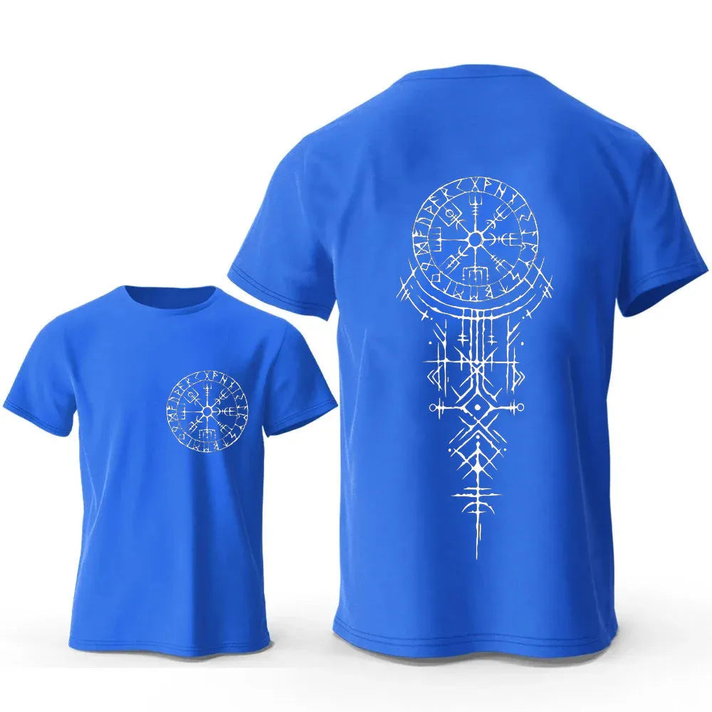 Viking rune compass design with smiling face on a men's pure cotton T-shirt.