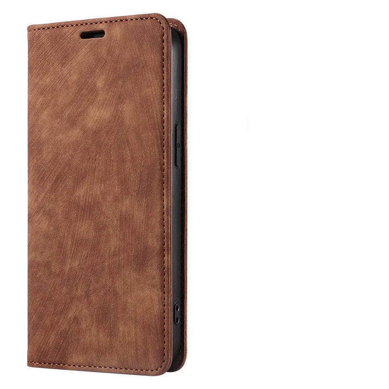Magnetic flip phone case in solid grey leather and TPU material compatible with various iPhone models